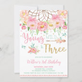 Boho Young Wild and Three 3rd Birthday Party Girl Invitation (Front)
