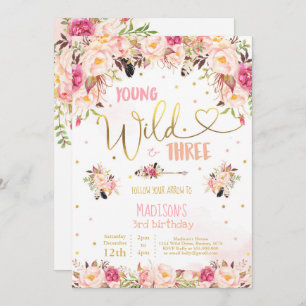 Boho Young Wild And Three Birthday Invitation
