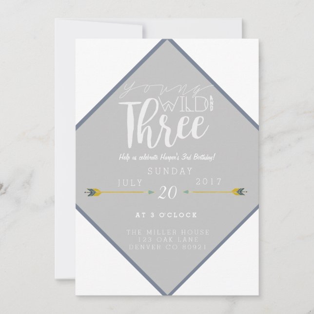 Boho Young Wild & Three | 3rd Birthday Party Invitation (Front)