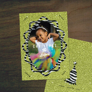Boho Zebra & Green Glitter Oval Photo Christmas Holiday Card