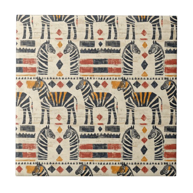 Boho Zebra Tribal Safari Pattern Ceramic Tile (Front)