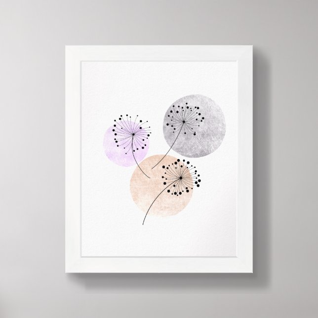 Boho Zen Dandelion Flowers On Blue Pink Circles Framed Art (Framed Front)