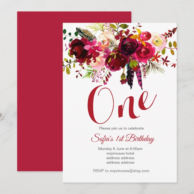 bohochic floral birthday party invitation (Front/Back)