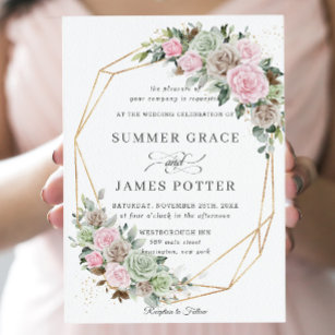 BohoChic Pink Brown Sage Green Floral Gold Wedding Invitation