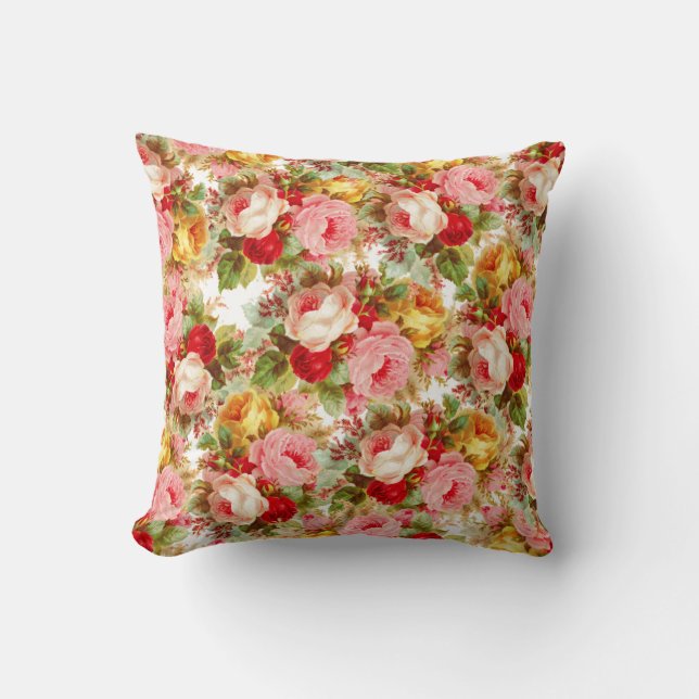 Bohomien pink yellow red roses floral pattern throw pillow (Front)