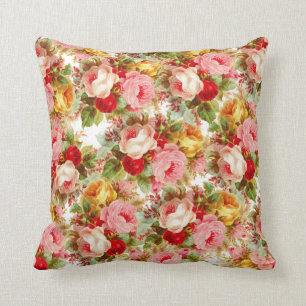 Bohomien pink yellow red roses floral pattern throw pillow