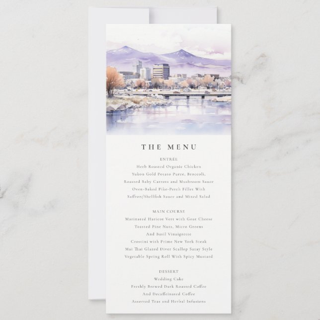 Boise, Idaho Watercolor Landscape Wedding Menu Invitation (Front)