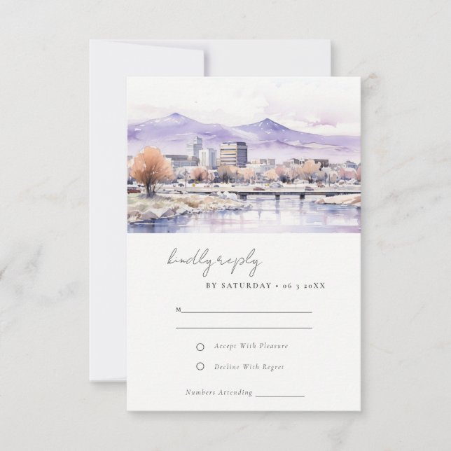 Boise, Idaho Watercolor Landscape Wedding RSVP Card (Front)