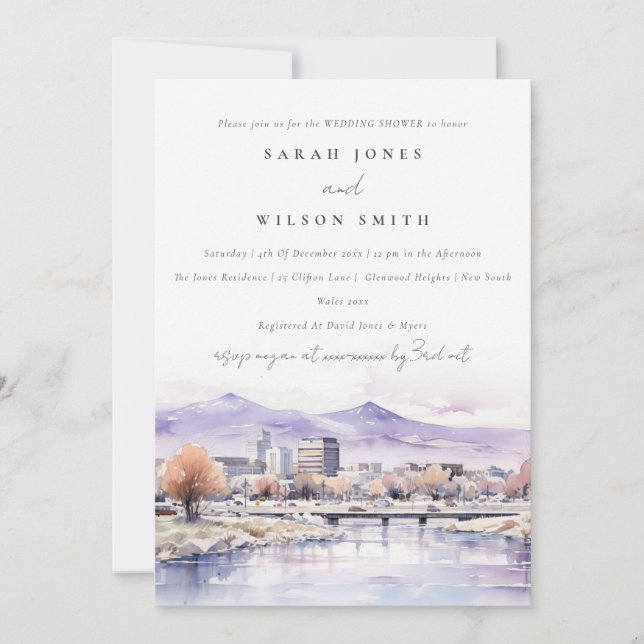 Boise, Idaho Watercolor Landscape Wedding Shower Invitation (Front)