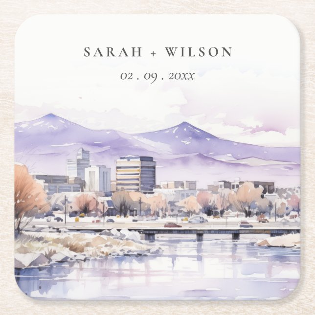 Boise, Idaho Watercolor Landscape Wedding Square Paper Coaster (Front)