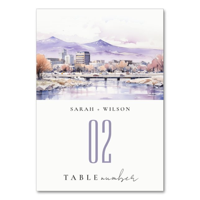 Boise, Idaho Watercolor Landscape Wedding Table Number (Front)