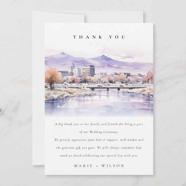 Boise, Idaho Watercolor Landscape Wedding Thank You Card (Front)