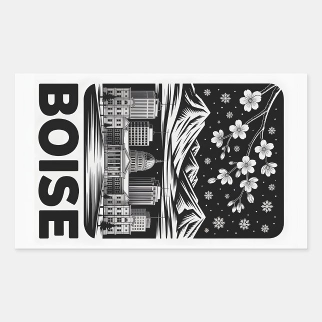 Boise Skyline Black and White Woodcut Winter  Rectangular Sticker (Front)