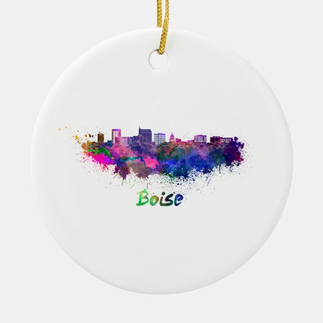 Boise skyline in watercolor ceramic ornament (Front)