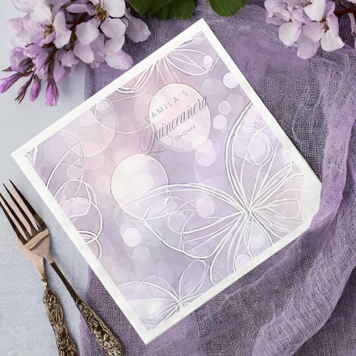 Bokeh and Butterfly Quinceanera Lavender ID1030 Paper Dinner Napkins
