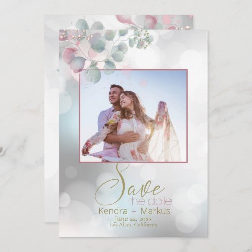 Bokeh and Rose Laurel  Eucalyptus Save the Date Invitation