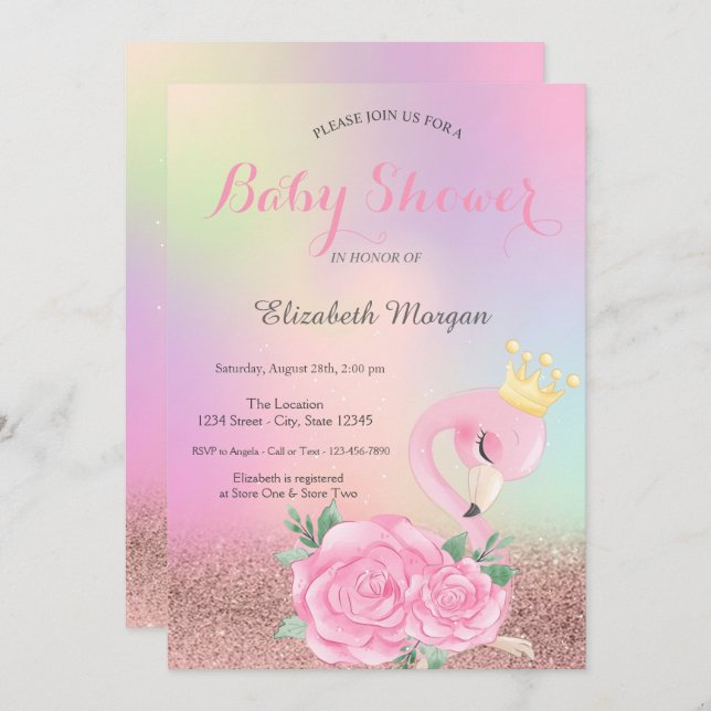 Bokeh,Baby Pink Flamingo Holographic Baby Shower Invitation (Front/Back)