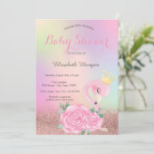 Bokeh,Baby Pink Flamingo Holographic Baby Shower Invitation (Standing Front)