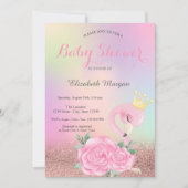 Bokeh,Baby Pink Flamingo Holographic Baby Shower Invitation (Front)