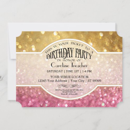 Bokeh Birthday Movie Ticket Style Pink Sparkle Invitation