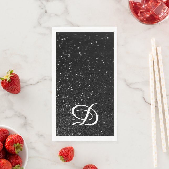 Bokeh Black Glitter Modern Calligraphy Monogram Paper Guest Towels (Insitu)