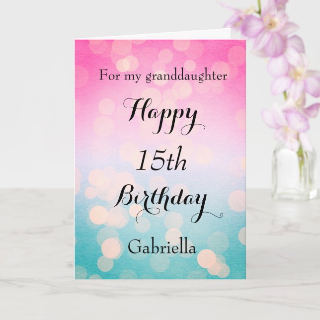 Bokeh Blue and Pink 15th Birthday Card (Orchid)