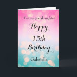 Bokeh Blue and Pink 15th Birthday Card<br><div class="desc">A bokeh 15th birthday card for granddaughter,   which you can easily personalize with her name. Inside this unique pink and blue bokeh birthday card reads a heartfelt birthday message,  which can also be personalized if wanted. This would make a unique birthday keepsake for her.</div>