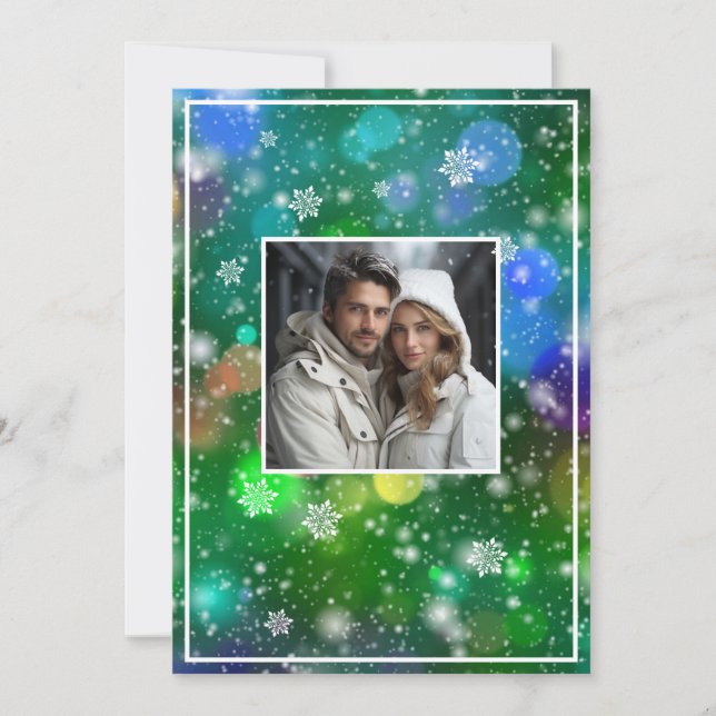 Bokeh Christmas Lights Snowflakes Photo Holiday Card (Front)