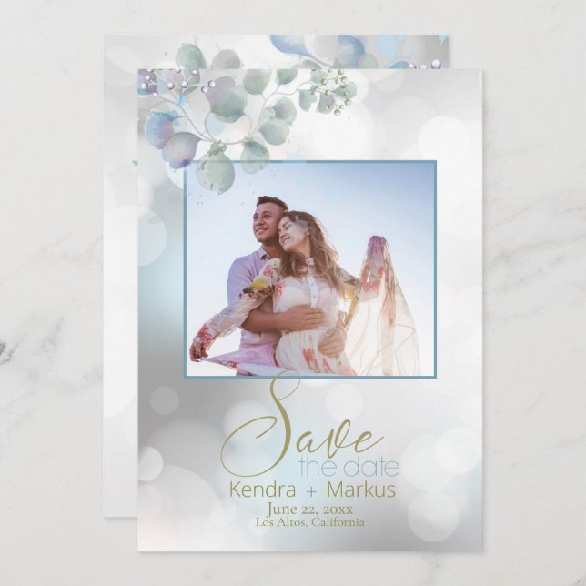 Bokeh Dusty Blue Laurel  Eucalyptus Save the Date Invitation (Front/Back)