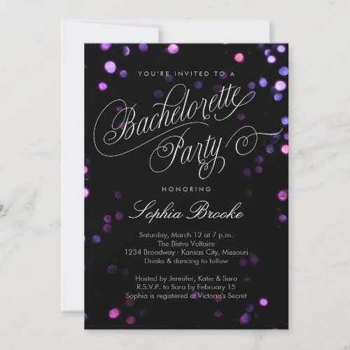 Bokeh Glam Black  Pink Bachelorette Party Invite