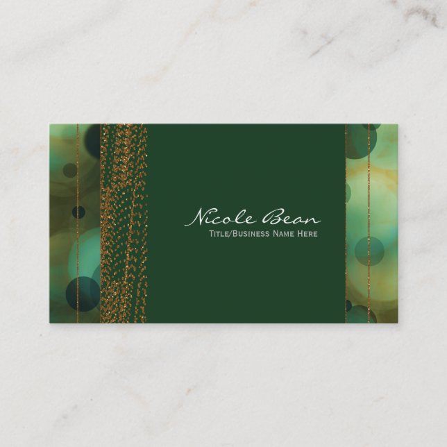 Bokeh Glam Green & Gold Chic Business Cards (Front)