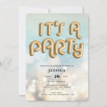Bokeh Gold Foil Balloon Type Birthday Invitation by mistyqe at Zazzle