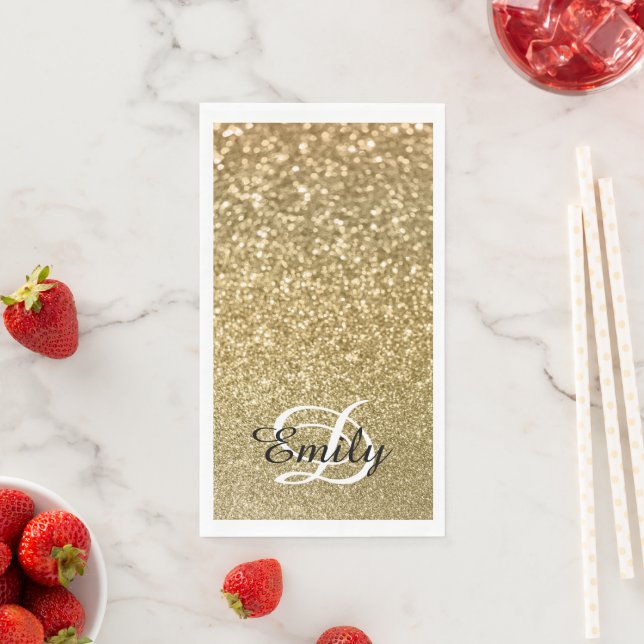 Bokeh Gold Glitter Black and White Monogram Paper Guest Towels (Insitu)