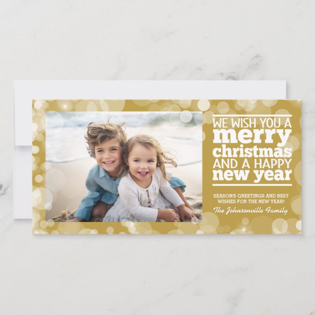 Bokeh Gold Photo - We Wish you a Merry Christmas Holiday Card (Front)