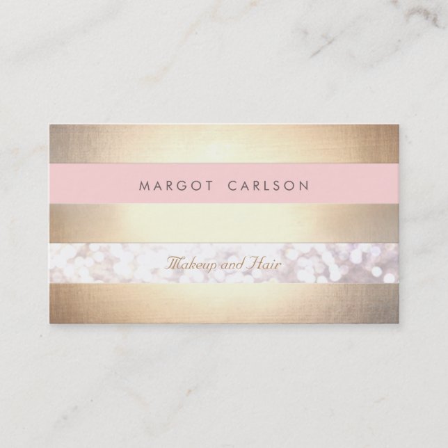 Bokeh Gold Striped Light Pink Makeup Artist Business Card (Front)