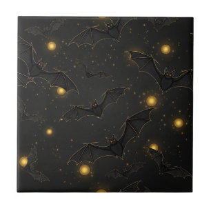 Bokeh Halloween Seamless   Flying Bats with Lights Ceramic Tile