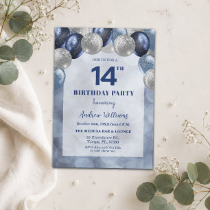 Bokeh Lights 14th Glitter Balloons Birthday Party Invitation