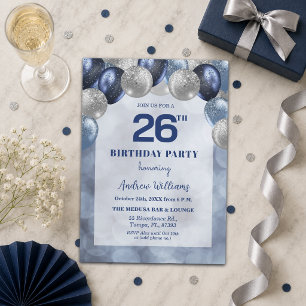 Bokeh Lights 26th Glitter Balloons Birthday Party Invitation