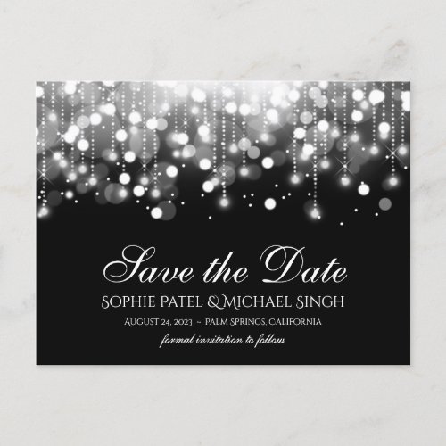 Bokeh Lights Black and White Save the Date Postcard