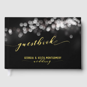 Bokeh Lights Black Gold Script Elegant Wedding Foil Guest Book
