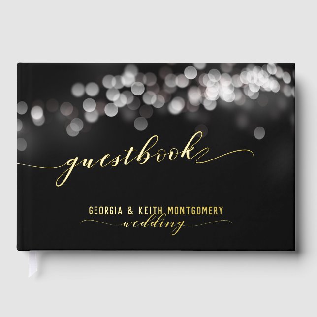 Bokeh Lights Black Gold Script Elegant Wedding  Foil Guest Book (Front)