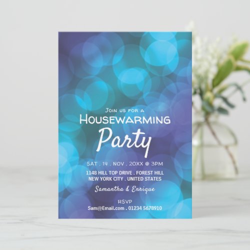 Bokeh Lights Blue Spot Housewarming Party Invite