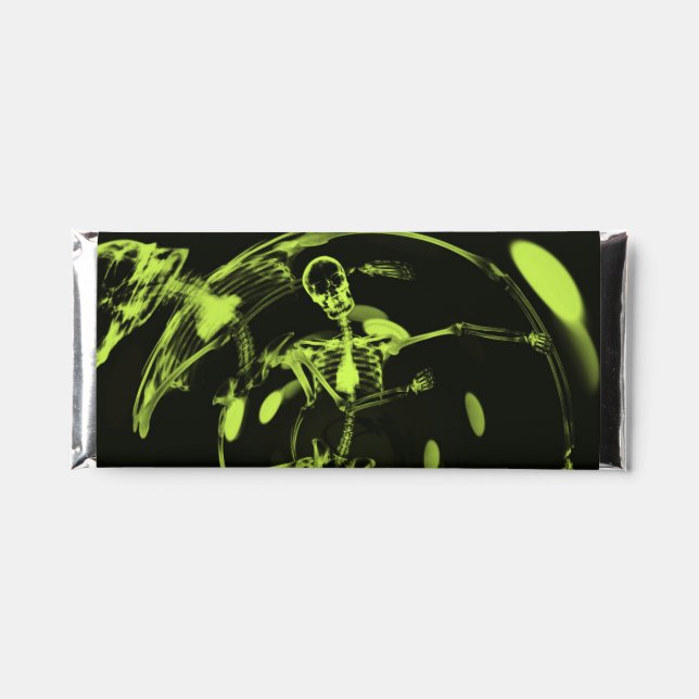 Bokeh Lights Dancing Skeleton - Lime Green Hershey Bar Favors (Front)