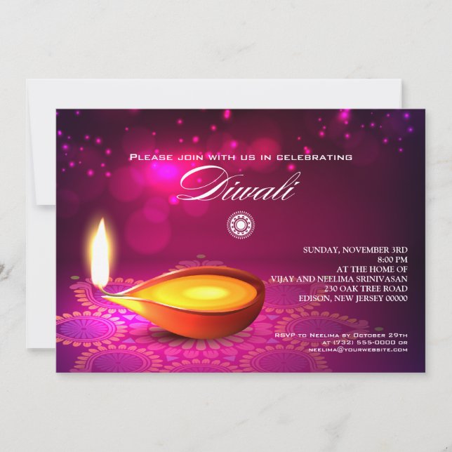 Bokeh Lights Diwali Lamp Party Invitation (Front)