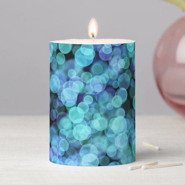 Bokeh Lights in Shades of Blue Pillar Candle (In Situ)