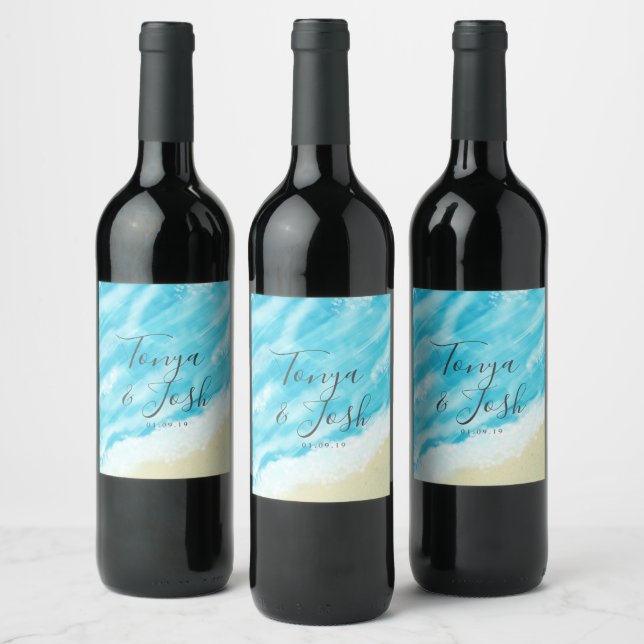 Bokeh Lights Modern Beach Wedding Wine Label (Bottles)