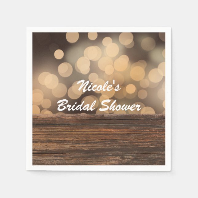 Bokeh Lights & Wood Rustic Sparkle Wedding Paper Napkins (Front)