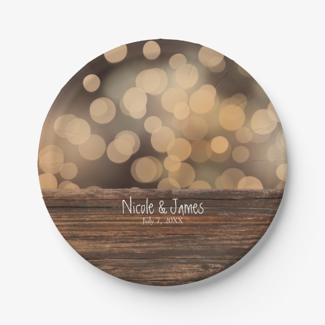 Bokeh Lights & Wood Rustic Sparkle Wedding Paper Plates (Front)