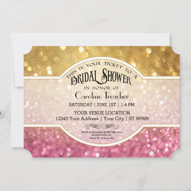 Bokeh Movie Premier Ticket Style Gold Pink Sparkle Invitation (Front)