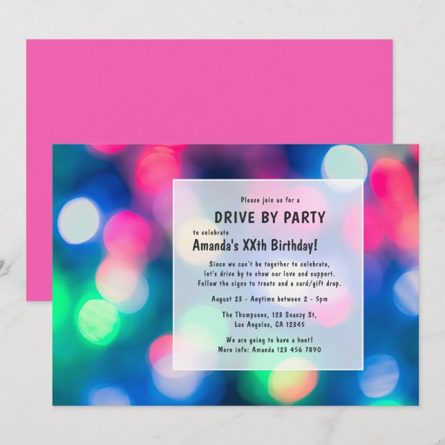 Bokeh Night Time Drive By Birthday Party Invitation (Front/Back)